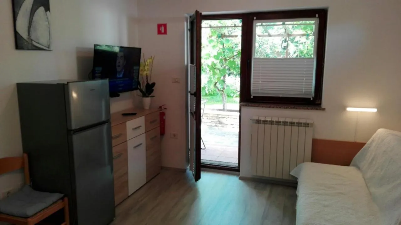 Dnevni prostor apartmaja 38: hladilnik, televizor, vrata na teraso in kavč