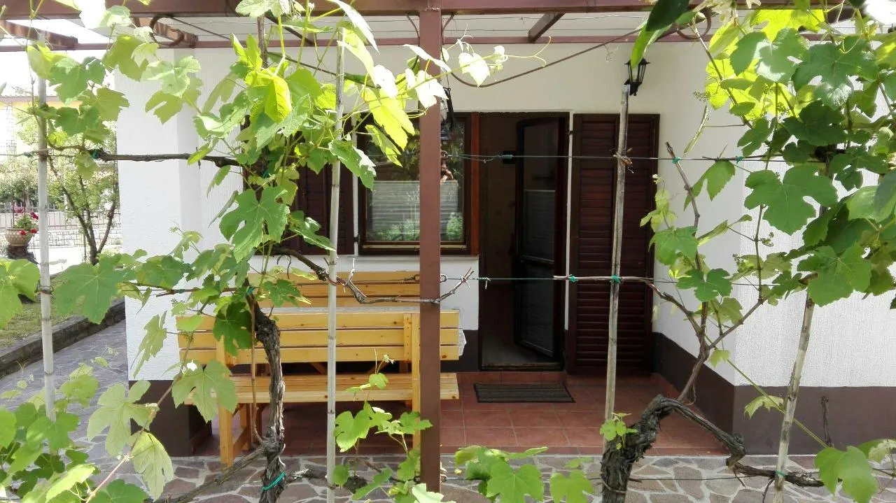 Terasa pod trto z leseno mizo in klopmi pred vhodom v apartma